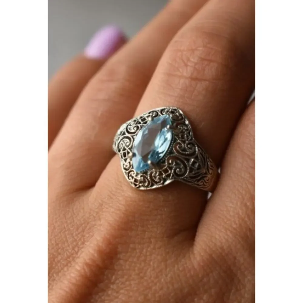 925 Sterling Silver Blue Spinel Openwork Ring Size 8.5
